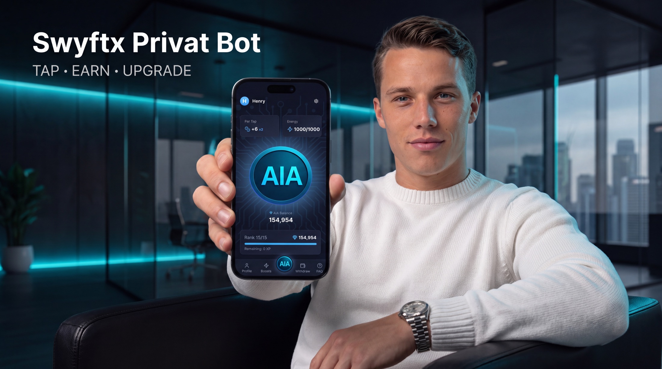 Henry holding a phone with the Swyftx Privat AIA clicker, in a dark office with turquoise lighting.